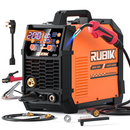 RUBIK MIG Welder,200 Amp 5 in 1 Flux Core Welder,Gas MIG/Gasless Flux Core MIG/Stick/Lift TIG/Spot welding/Spool Gun 110V/220V Aluminum Multi Process Welding Machine with Large LED Digital Display