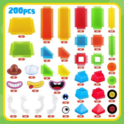 teytoy 200Pcs Building Blocks Toys Bristle Shape Building Blocks Set STEM Interlocking Construction Learning Toys for Kids Ages 3+