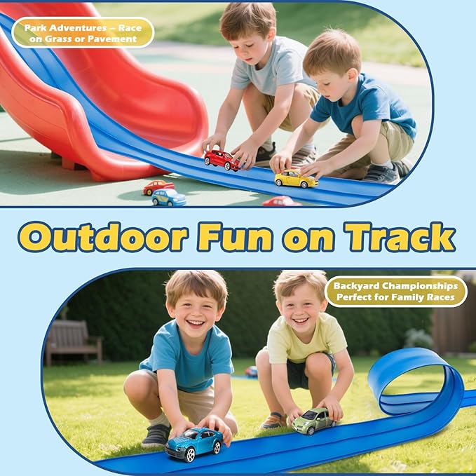Flexible Race Track 15 Ft Starter Set Flex Tracks for Kids 3+ with Strong Suction Cups Flexible Car Race Ramp Track Compatible with Hot Wheels and Diecast 1/64 Cars Portable Rolls Up Race Tracks