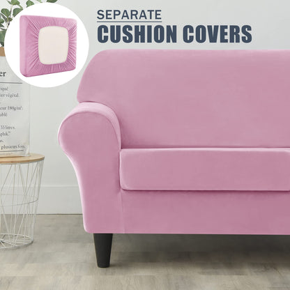 CONRUSER Stretch Sofa Slipcover, Soft Velvet Sofa Covers for 2 Cushion Couch Thick Furniture Protector for Pets & Kids (Pink, M)