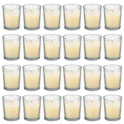 flamecan 24 Pack Clear Glass Filled Ivory Votive Candles. Unscented Votive Candles for Home Décor Spa Weddings Birthdays Holidays Party