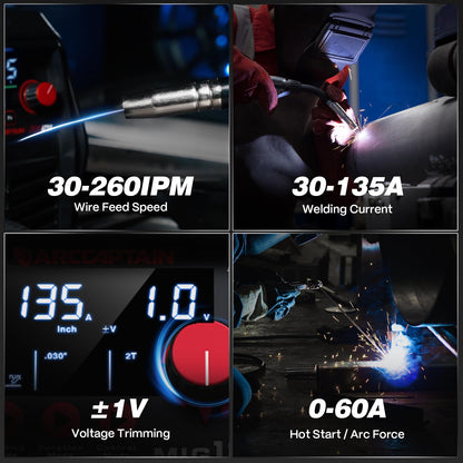 ARCCAPTAIN 135A MIG Welder [Large LED Display] 110V Welder Flux Core MIG, Lift TIG, Stick, 3 in 1 Welding Machine Gasless MIG Welder Machine 110V, IGBT Inverter Welder with Synergy, 2T/4T