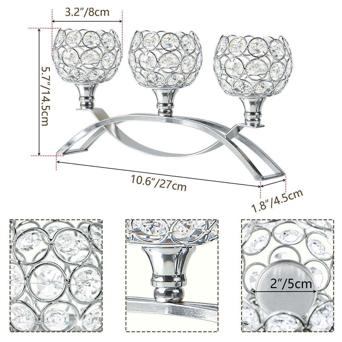 Crystal Tealight Candle Holder Centerpiece Home Decorative Candlestick Holder Elegant Table Centerpiece Home Decor Wedding Party Anniversary (Silver, 3 Arm)