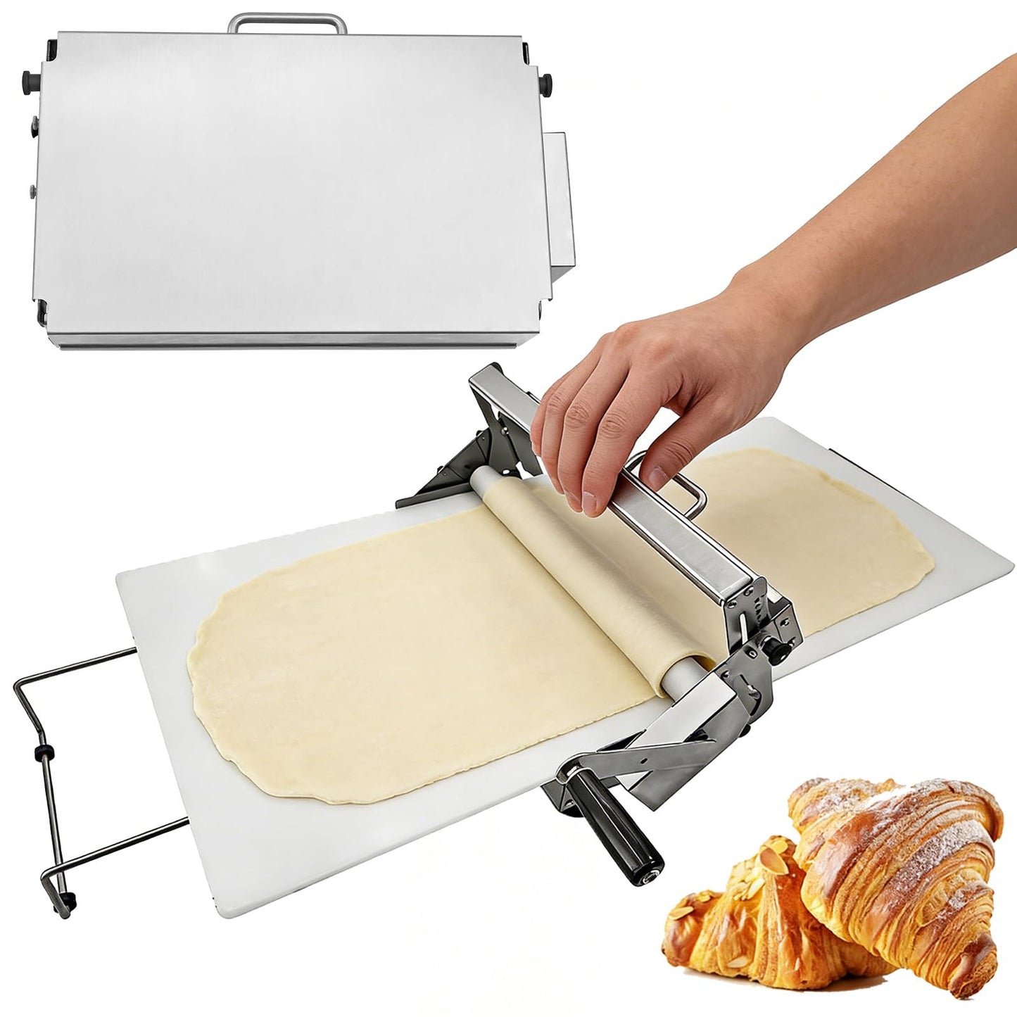 12" Folding Dough Sheeter with Sheeter Board, Stainless Steel Manual Dough Roller Machine, Compact Dough Sheeter, Adjustable Thickness Settings for Bread Marzipan and Puff Pastry (Type A300)