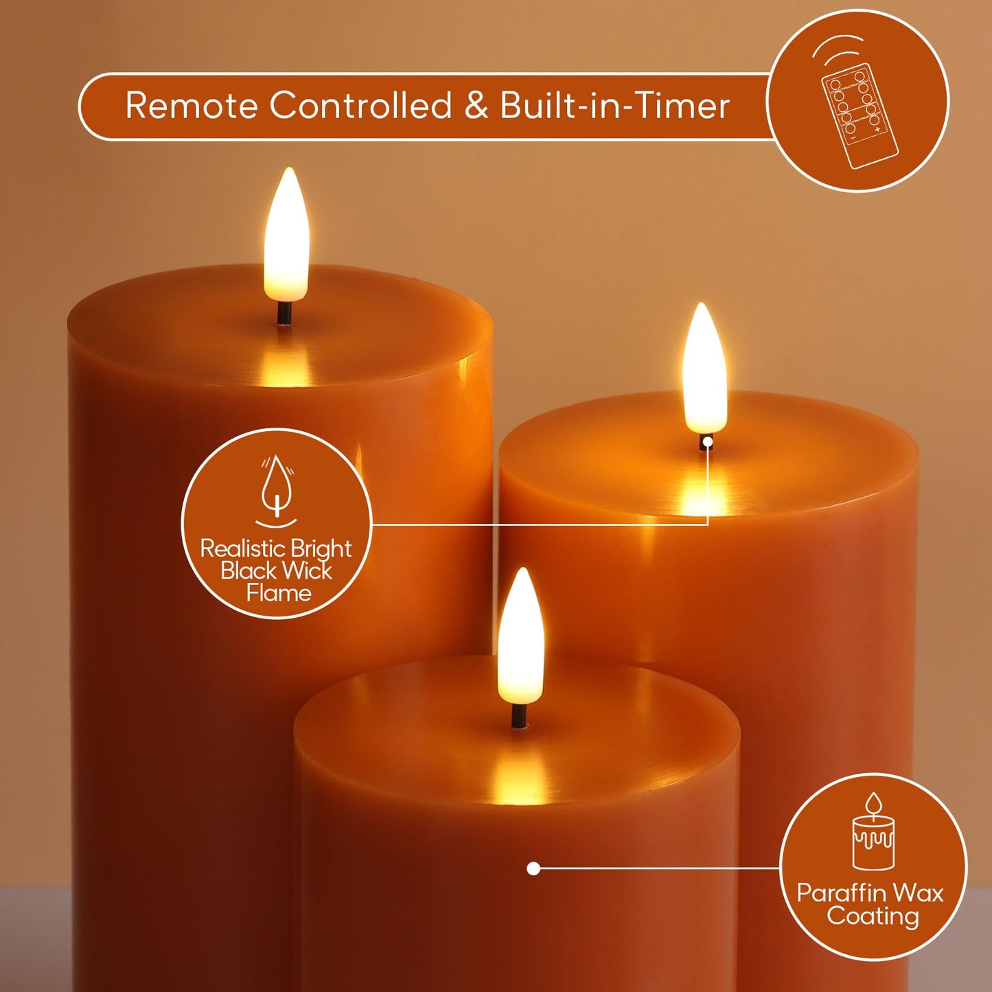 Girimax Burnt Orange Flameless Pillar Candles with Remote, Flickering LED Wax Candles Battery Operated Set of 3