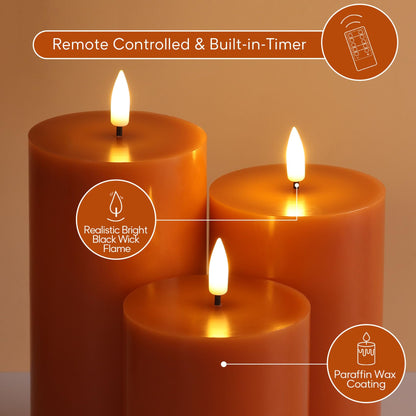 Girimax Burnt Orange Flameless Pillar Candles with Remote, Flickering LED Wax Candles Battery Operated Set of 3