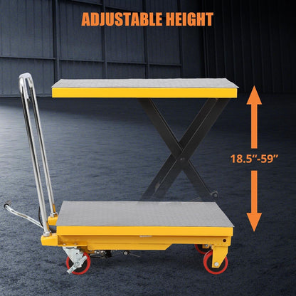 GarveeTech 330 LBS Hydraulic Lift Table Cart,Manual Single Scissor Lift Table Capacity 28.4 in with 4 Wheels and Non-Slip Pad for Material Handling and Transportation,Yellow
