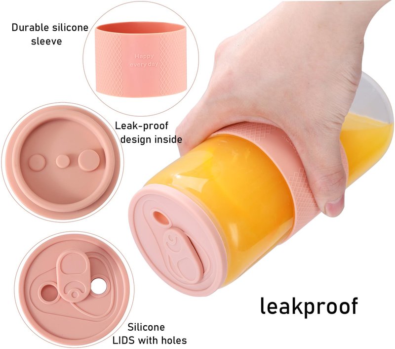ASANMEYO 20oz Can Shaped Glass Cups with Silicone Lids and Glass Straw, 2PCS Drinking Glasses with Lids and Straws, and Silicone Sleeves, Beer Glasses, Iced Coffee Cups, Soda, Gift - Pink
