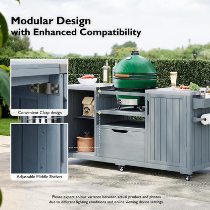 DFCHLDA 66.5" Outdoor Kitchen Island with Stainless Steel Top, Rolling Grill Cart with Adjustable Shelves, Lockable Wheels, Outdoor Table and Bar Storage Cabinet for Patio(Grey+Blue)