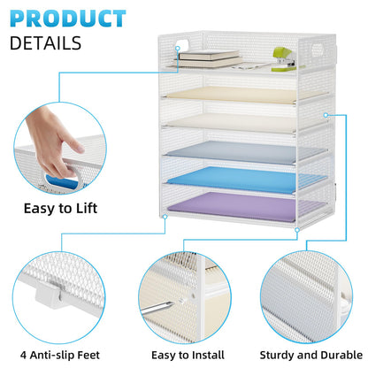 Marbrasse 2 Pack Desk Organizer with Handle, 6 Tier Paper Letter Tray, Mesh Desk File Organizer for Office, School and Home - Whtie