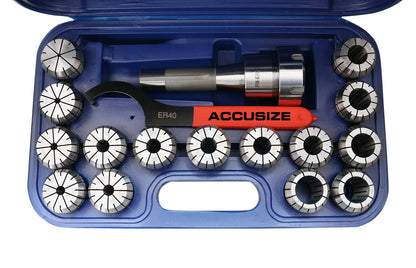 Accusize Industrial Tools - 15 Pc ER40 Precision Collet Set with R8 Bridgeport Shank Holder & Wrench, High Accuracy Tooling for Milling & Drilling, in Fitted Box, 0223-0984