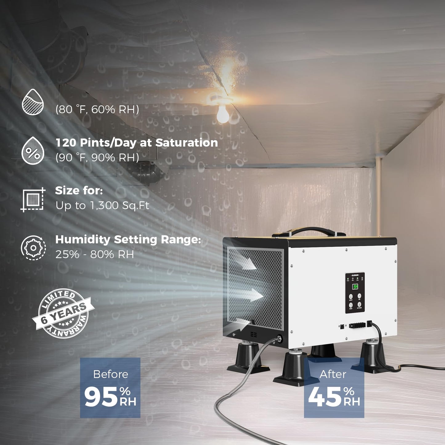ALORAIR 120 PPD Crawl Space Dehumidifier with Pump, Commercial Basement Dehumidifier with Drain Hose, Compact Portable Auto Defrost Dehumidifier for Crawlspace and Under-House Use