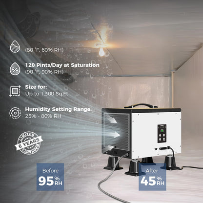 ALORAIR 120 PPD Crawl Space Dehumidifier with Pump, Commercial Basement Dehumidifier with Drain Hose, Compact Portable Auto Defrost Dehumidifier for Crawlspace and Under-House Use