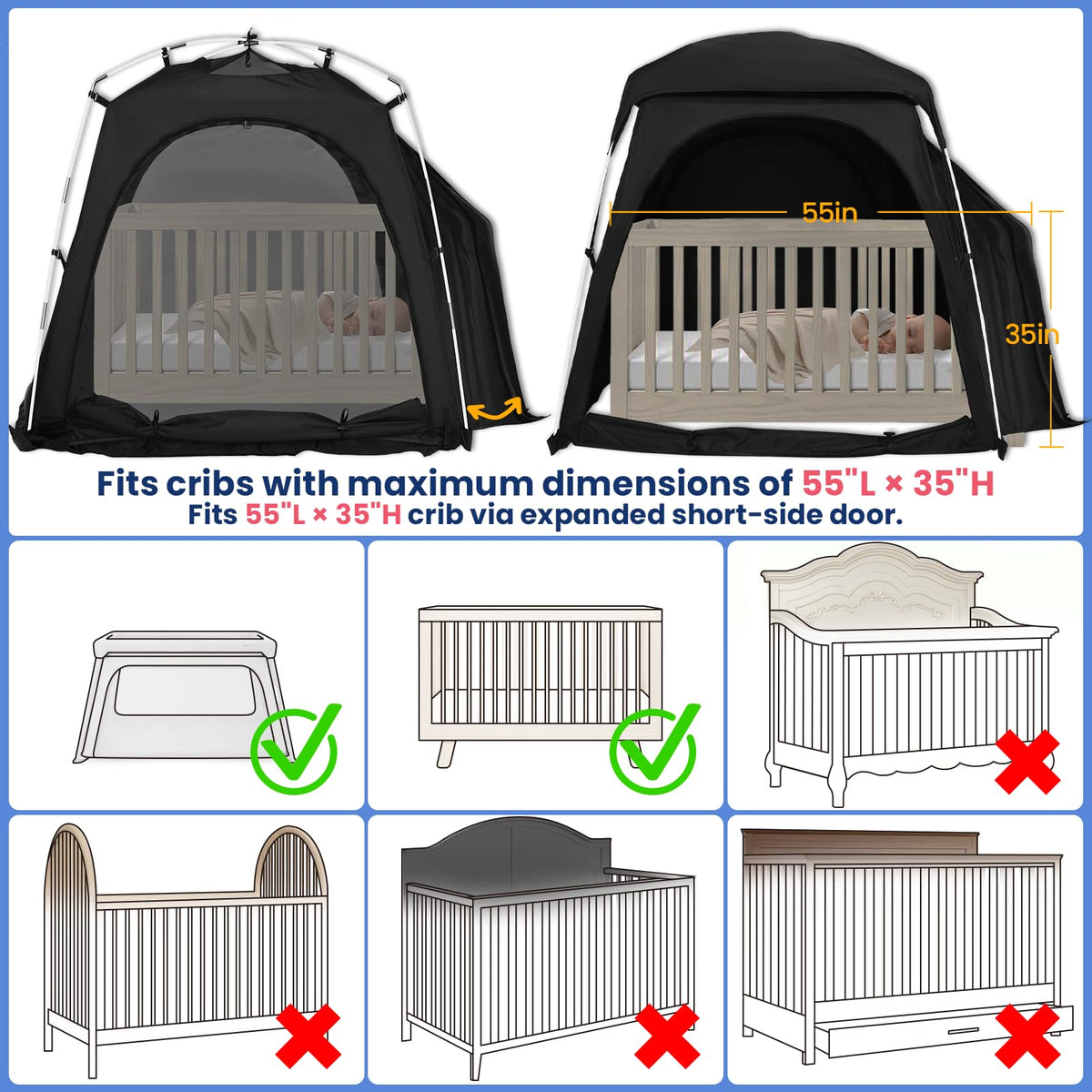 KNOCLOC Blackout Tent for Crib, Pack N Play, Toddler Travel Bed & Kids Cot, CPC Certified Baby Sleep Pod with Fan Pocket, 2 Mesh Doors, Breathable & Quiet Design, Easy Setup & Portable