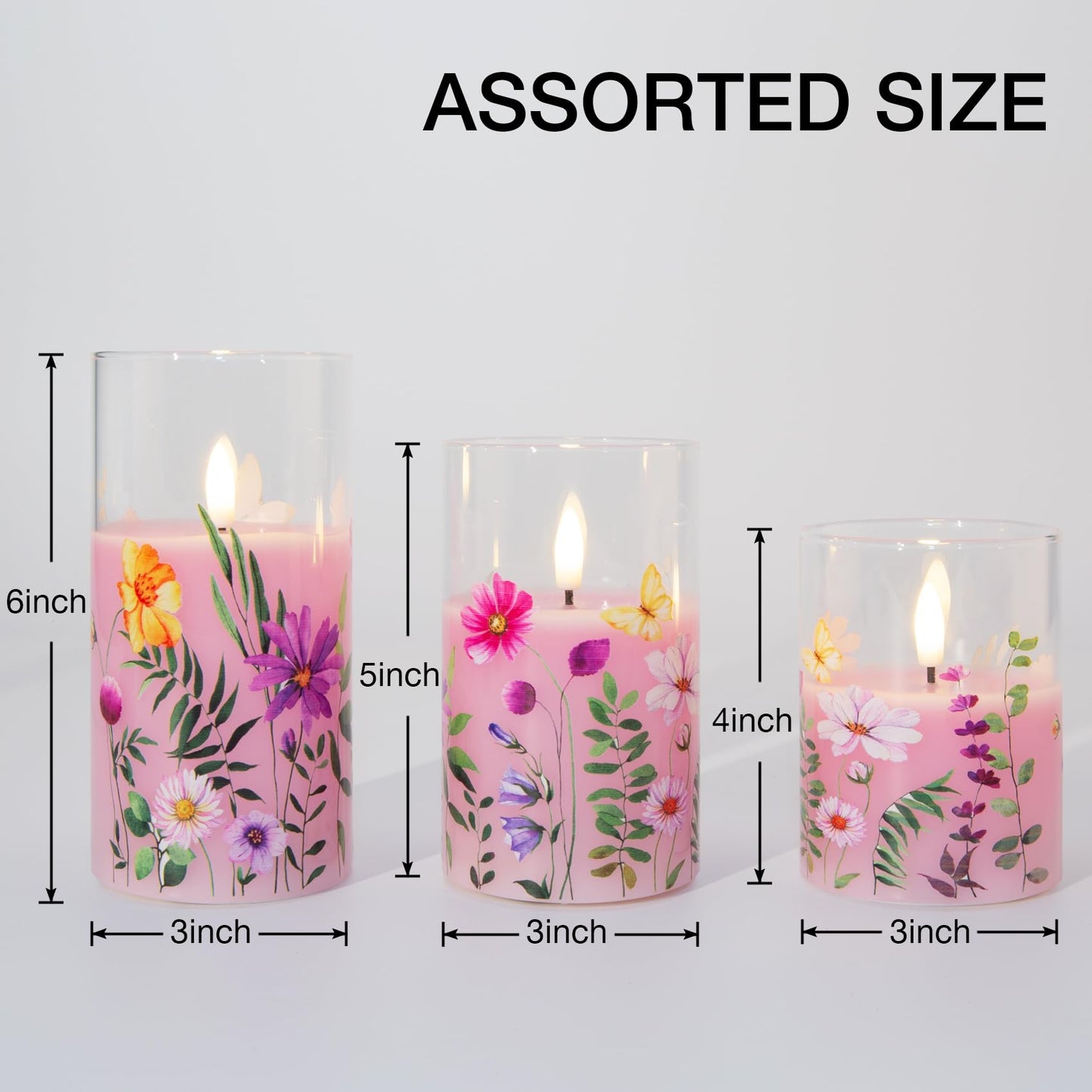 Eywamage Pink Floral Glass Flameless Candles with Remote, Flickering Spring LED Pillar Candles Battery Operated Home Decor Set of 3