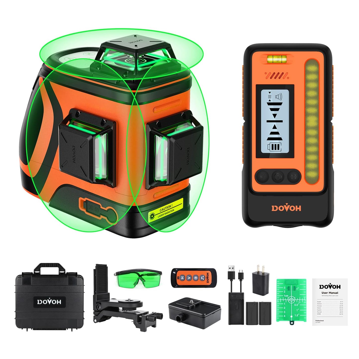 DOVOH Outdoor Laser Level with Receiver : Daylight High Visibility Laser Level 360 Self Leveling Up To 400ft Long Range High Power Green with Detector Outside Construction Landscaping, H3-360G