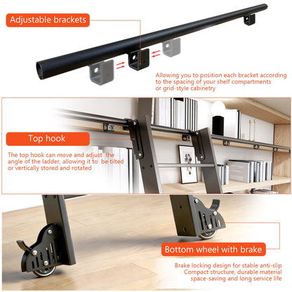 DIYHD 87" Sliding Library Ladder, Telescopic Top Hook, Lightweight Rolling Ladder with Upright Space-Saving Storage, Kit with 4FT Sliding Rail, Bottom Rollers, 300lbs Capacity, Black