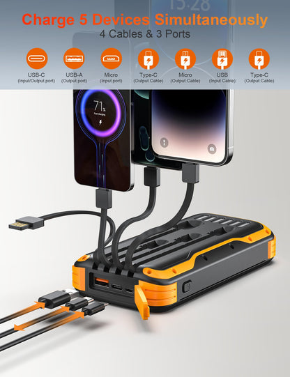 MINRISE Solar Charger Power Bank, 40000mAh Portable Phone Charger Built in 4 Cables with USB C in/Output, PD 20W Fast Charging Portable Charger, External Battery Pack with Dual Bright Flashlights