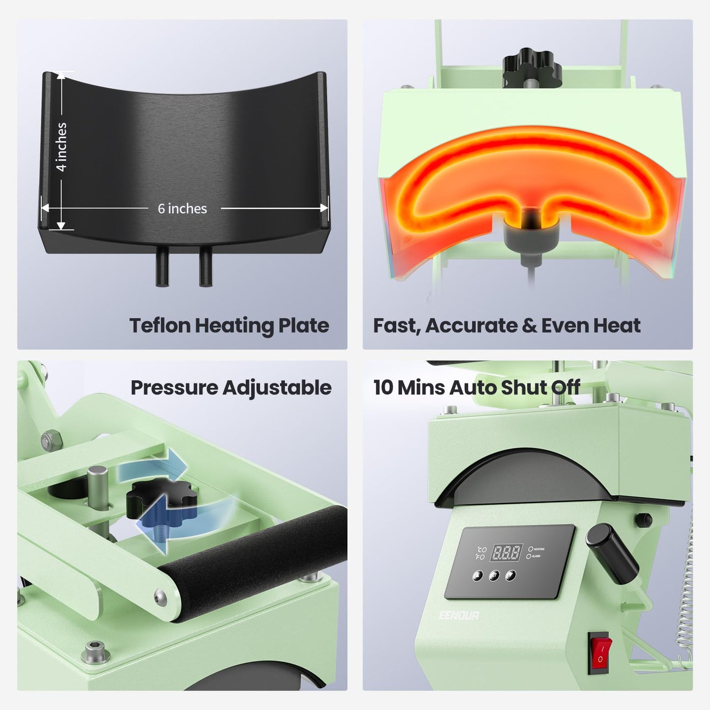 Hat Press Heat Machine for Caps with 2 Platens, Precise Temp&Timer Control, Hat Heat Press with Timer Auto Starter, Sublimation Hat Press for Trucker Hat & Iron on Vinyl, Heat Transfer (Light Green)