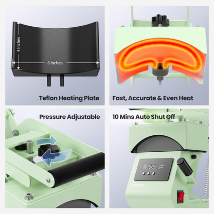 Hat Press Heat Machine for Caps with 2 Platens, Precise Temp&Timer Control, Hat Heat Press with Timer Auto Starter, Sublimation Hat Press for Trucker Hat & Iron on Vinyl, Heat Transfer (Light Green)