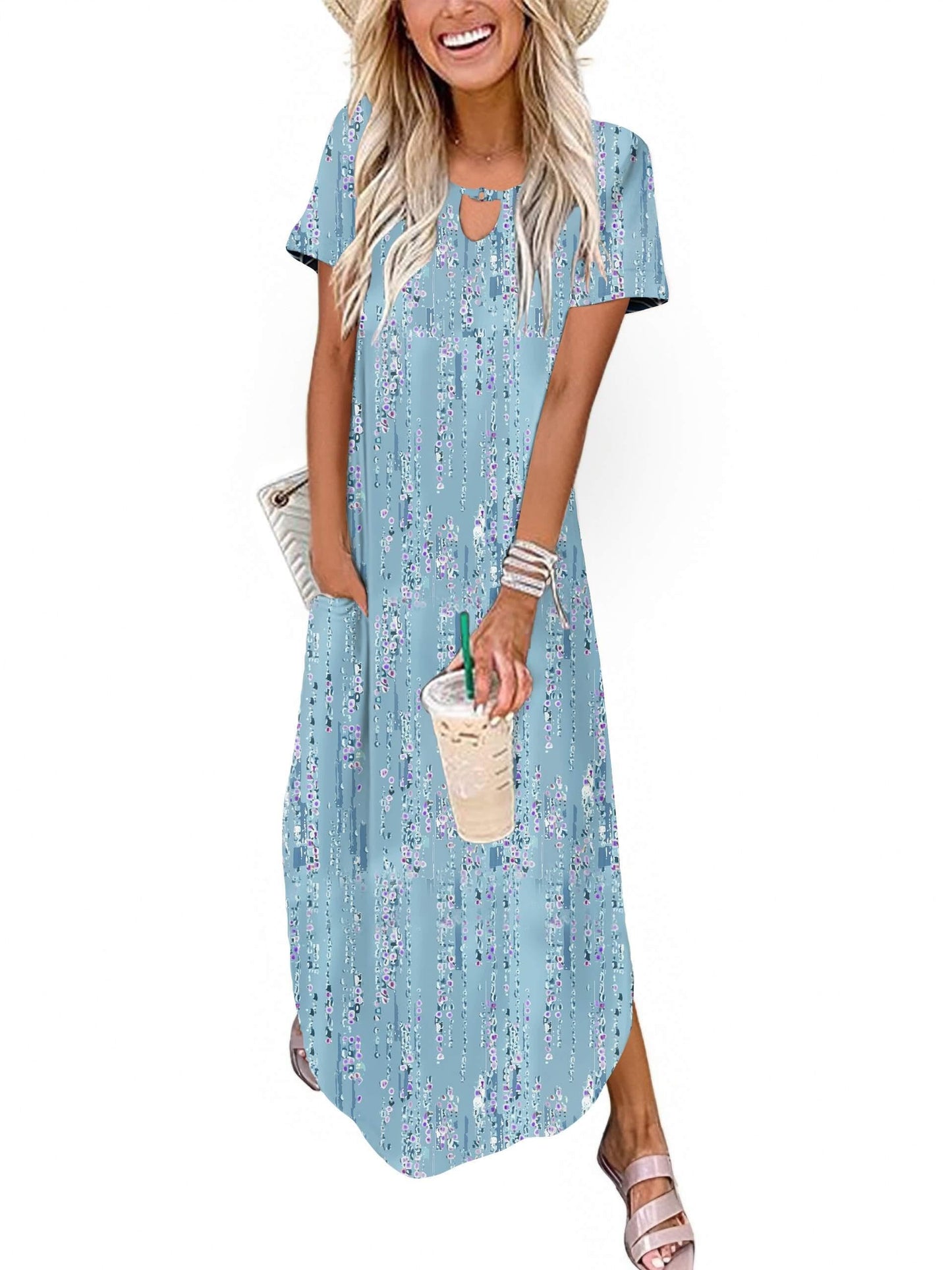 Zeagoo Womens Maxi Summer Dress with Pockets Casual Short Sleeve Sundress Trendy 2025 Curve Hem Long Dresss