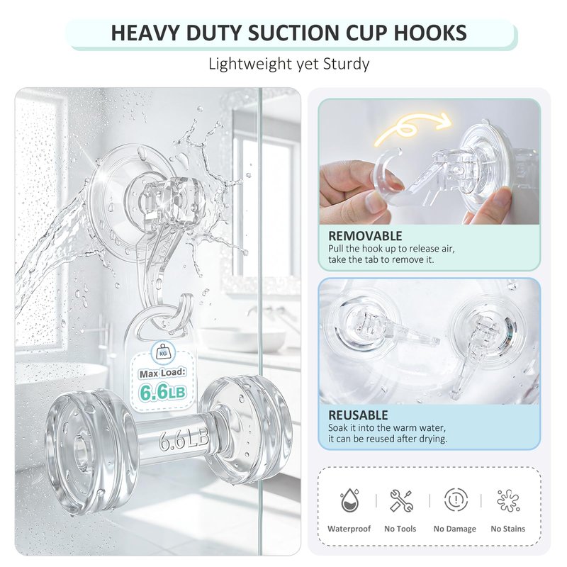 VIS'V Suction Cup Hooks, Small Shower Suction Hooks, Heavy Duty, Removable and Reusable, Clear, 2 Pcs
