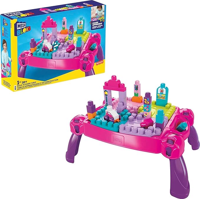 MEGA BLOKS First Builders Toddler Blocks Toy Build ‘n Learn Portable Activity Table with 30 Pieces and Built-In Storage Pink Kids Ages 1+ Years (Amazon Exclusive)
