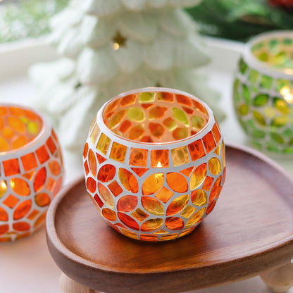 SHMILMH Mosaic Candle Holders Set of 4, Handmade Glass Tealight Votive Holders, Fall Thanksgiving Diwali Decor, Autumn Wedding Party Table Centerpiece, Brown Orange Green