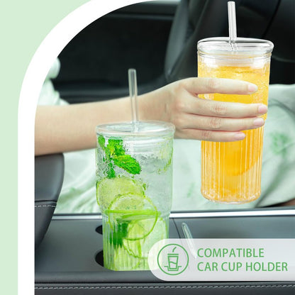 Luiaiog Glass Cups with Lids and Glass Straws, High Borosilicate 20OZ Tumblers (2Pcs) for Coffee, Tea, Juice, Smoothies, Hot/Cold Drinks at Home, Office（Creative Drink Label Design）