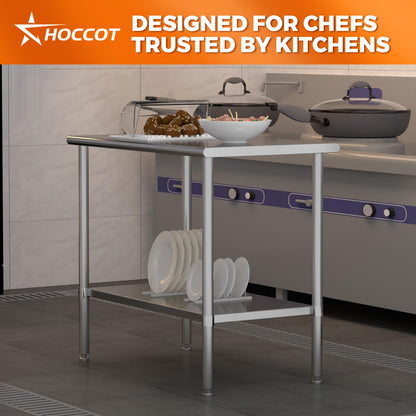 HOCCOT All Stainless Steel Work Table, Heavy Duty Prep Table 24x48 Inch with Stainless Steel Undershelf & Replaceable Feet(Without Casters) Commercial Workstation for Restaurant Kitchen Garage Outdoor