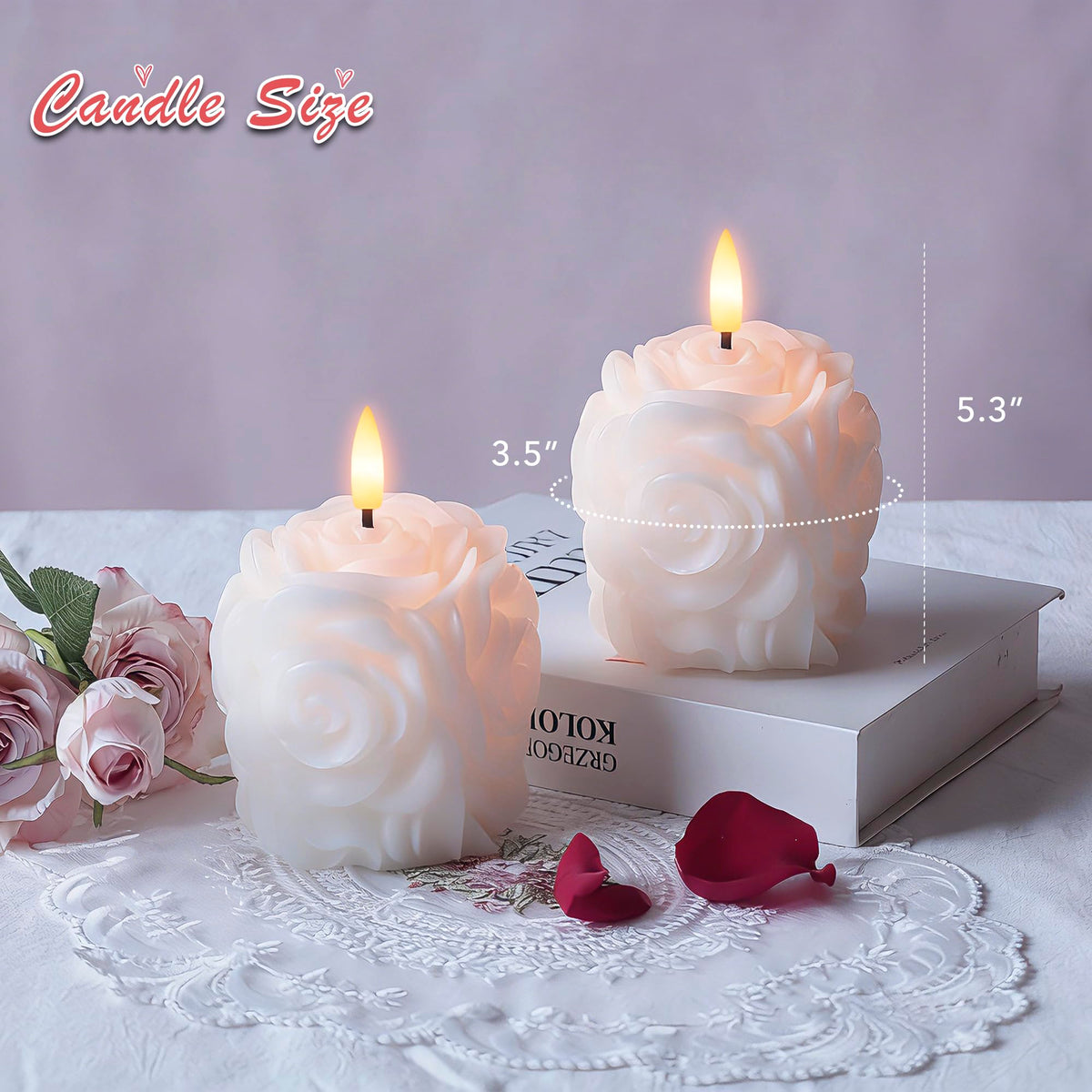 AFINETH Valentine Day Rose Flameless Candles with Remote and Timer, 2 Pack Flickering LED Candles for Proposal Wedding Anniversary Romantic Night, White