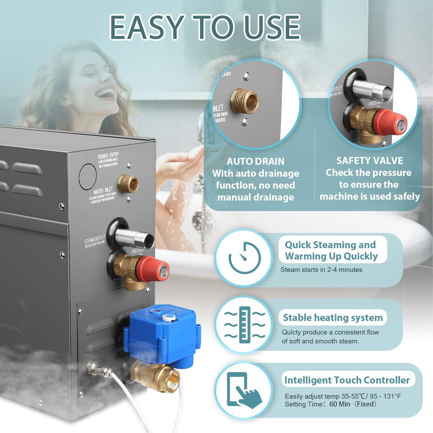 12KW Steam Generator-Quick start continuous steam，with Black digital control panel Self-Draining System, 95-131°F Temp Control,Can be used for heating a space area of 12m ³/460Cu.ft.(12KW 220V)