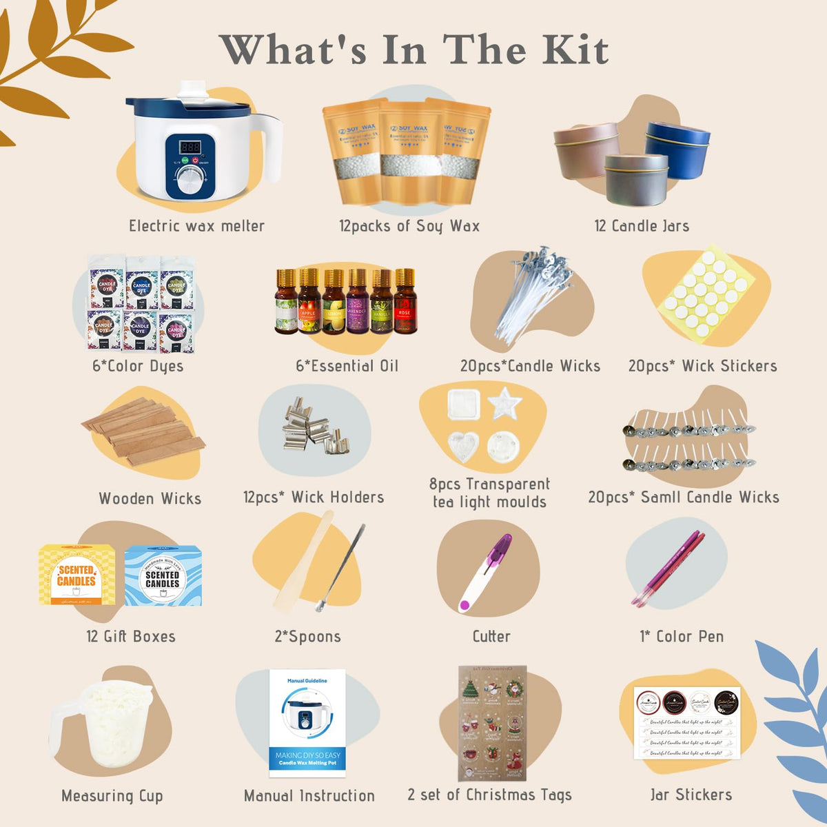 DIY Candle Making Kit for Adults with Smart Wax Melting Pot, Soy Wax, 12 Jars, 8 Tealight Candle Molds, Wax Making Kit for Candles with Digital Wax Melting Pot