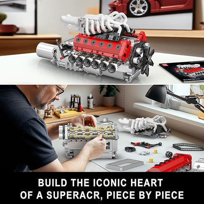 Mould King V12 Engine Model Kit That Runs - Motorized Mini Engines Building Blocks Set with Gearshift &amp Battery DIY Mechanic Engineering Kit Car Construction STEM Toy for Adults &amp Teens (136