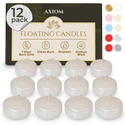 Axiom Floating Candles 4 Hours Burning Time Dripless Floating Candles for Valentine's Day Natural Hand Rolled Wax Candles for Parties (12, Metallic White)