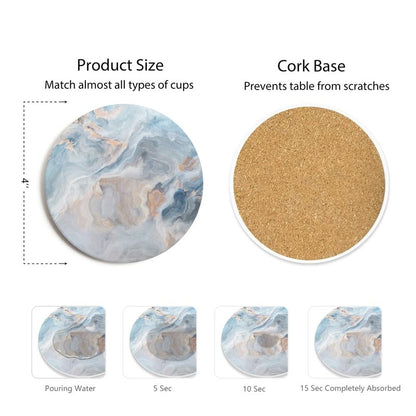 Hoomey Set of 6 Abstract Blue Marble Coasters with Holder, Absorbent Ceramic Coasters for Drinks, Coasters with Cork Backing for Table Protection, Housewarming Gifts for New Home