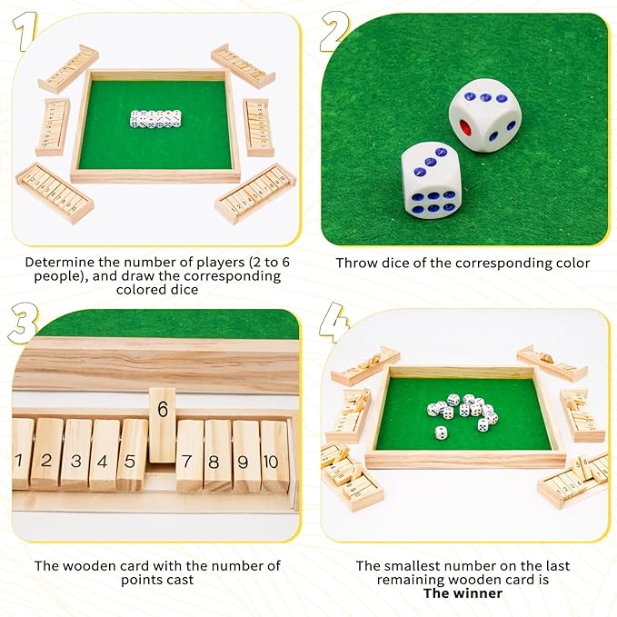 Upgraded 1-6 Players Shut The Box Dice Game with 12 Dice Wooden Classic Board Games Traditional Table Math Game Tabletop Math Dice Game for Pub Bar Home Classroom Party