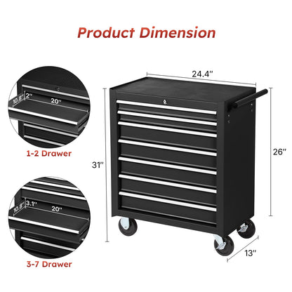 Rovibek 7-Drawer Rolling Tool Chest, Metal Rolling Tool Box with Lockable Drawers, High Capacity Tool Storage Cabinet for Garage, Workshop, Warehouse, Mechanics, Repair Shop (Black)