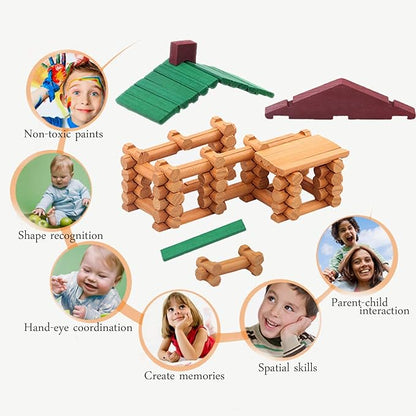Wondertoys 90 Pieces Classic Wood Cabin Logs Set Building Log Toy for Children Farm House Construction Educational Toys for 3 4 5 6 Years Old