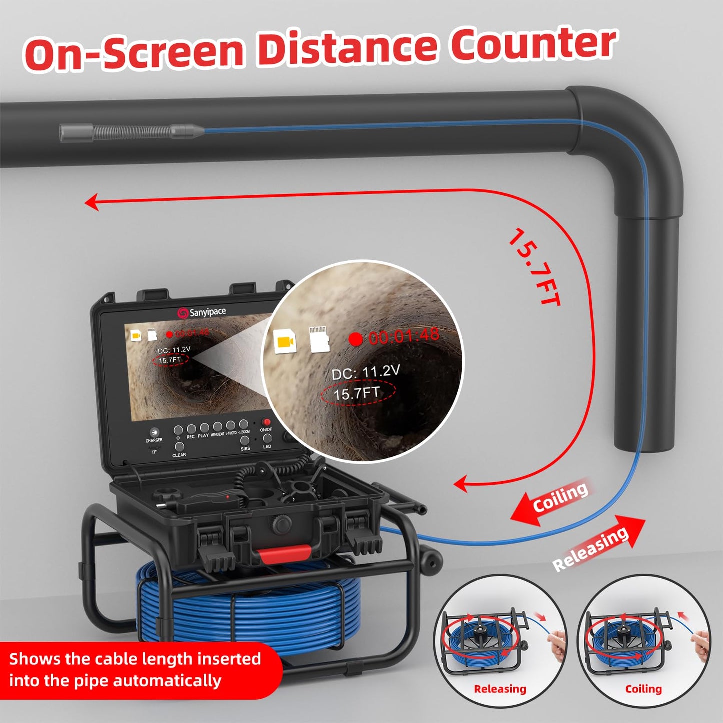 Sanyipace Pipe Camera with Locator, 512Hz Sewer Camera with Self-Leveling, 23mm/0.9in Drain Camera with Distance Counter, 5X Zoom, Waterproof Plumbing Inspection Camera with 12 PCS Lights, 66FT/20M
