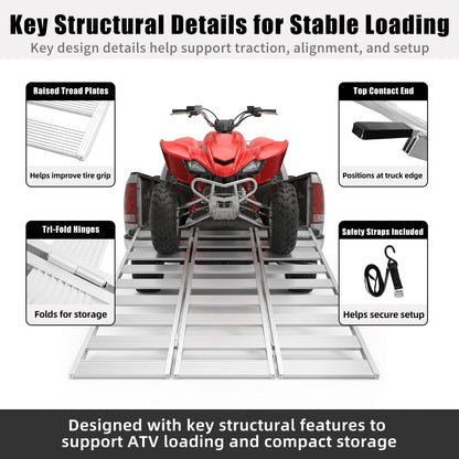 MAXIVAMN Aluminum Tri-Fold ATV Loading Ramp, 76" x 50" Wide Platform, 1500 lb Capacity with Safety Straps for Lawn Mower, Snow Blower, Motorcycle, Pickup Truck