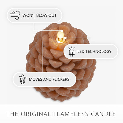 Luminara Flameless Candle 4.7" x 6" Battery Operated with Timer Real Wax Unscented LED Pinecone Caramel Café Chalky Finish Pine Cone Figural Holiday Decoration Rustic Centerpiece Table Decor