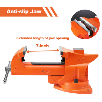PONY Heavy Duty Bench Vise, 5-inch Jaw Width 7-inch Jaw Opening, 360-Degree Swivel Base with Anvil, Utility Combination Pipe Home Vise for Woodworking, One-Pair Vise Jaw Pad Included