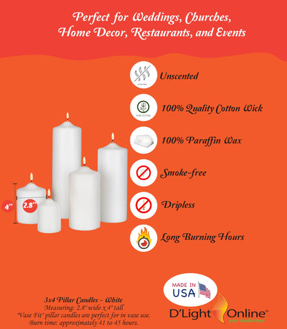 D'light Online 3 X 4 Inch Pillar Candles Set of 12 Bulk Event Pack Premium Wax Round Unscented Ivory Pillar Candles Wax for Wedding, Spa, Party, Birthday, Holiday, Bath, Home Decor (3x4 - Ivory)