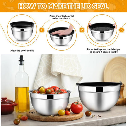 TeamFar Mixing Bowl Set of 5, 4.5/3/1.5/1/0.7 QT, Stainless Steel Metal Nesting Salad Bowl with Lid Set, Ideal for Mixing Serving, Non-Toxic & Sturdy, Airtight Lid & Easy Clean, Black