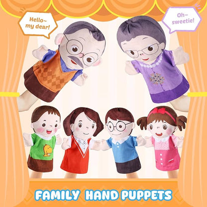 6 Pcs Family Hand Puppets 10 Inch Grandparents Mom &amp Dad Brother &amp Sister Plush Hand Puppet Toys Role-Play Toy Puppets for Kids Storytelling Imaginative Pretend Play Teaching Preschool(6 Fam