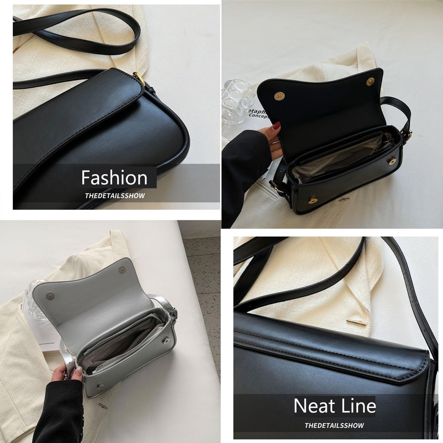 Shoulder Bag for Women Y2K Trendy Purse Vegan Leather Hobo Handbags Clutch Saddle Bag with 2 Removable Strap (black)