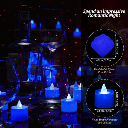 Coume 6000 Pcs Artificial Rose Petals with 72 Pcs Flameless LED Candles Romantic Decorations Fake Candles Anniversary Decorations for Valentine's Day Wedding Night(Blue)