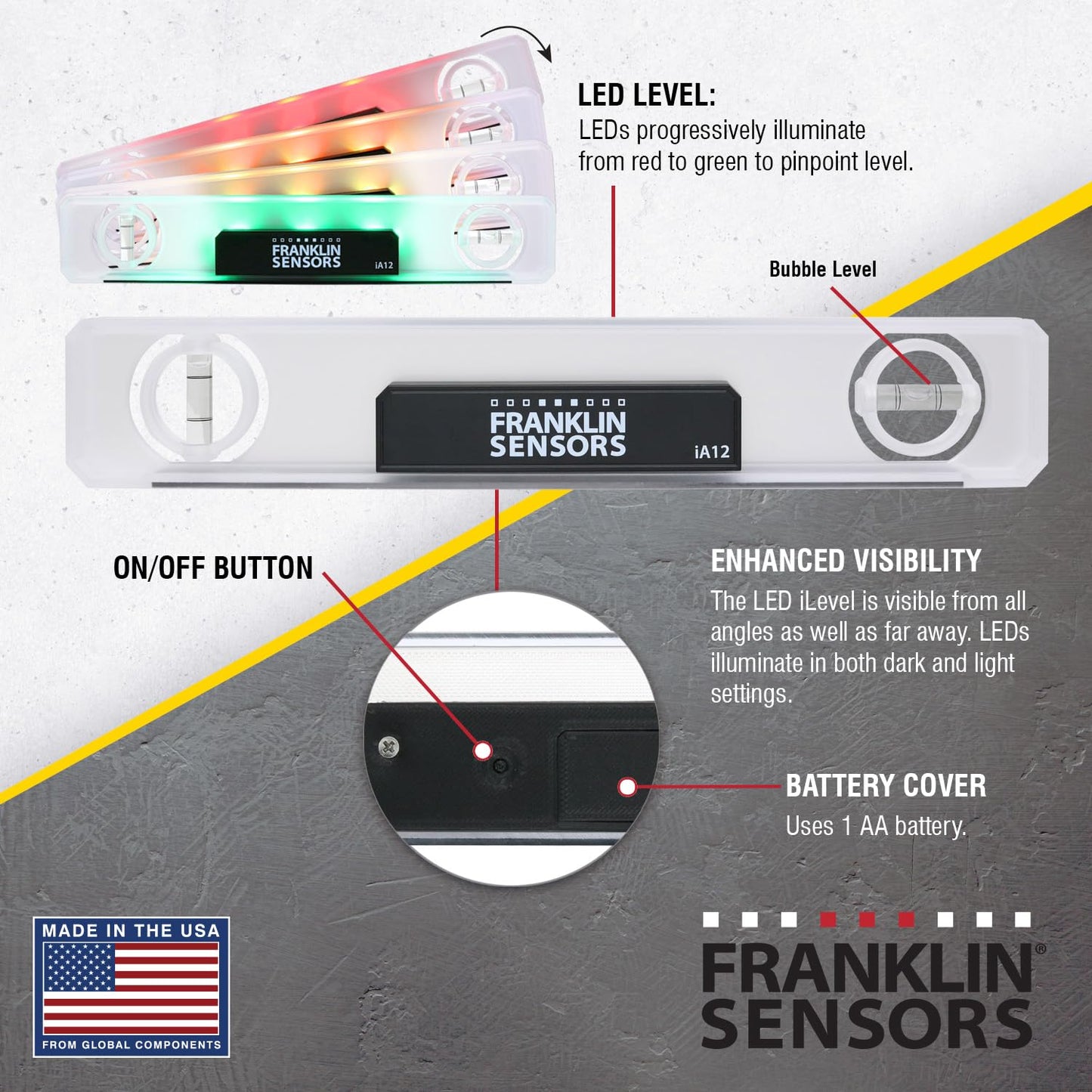 Franklin Sensors Light Level/Digital, Electronic, 12-inch Magnetic Torpedo Level, Vertical and Horizontal Leveler Tool with 2 Bubble Vials