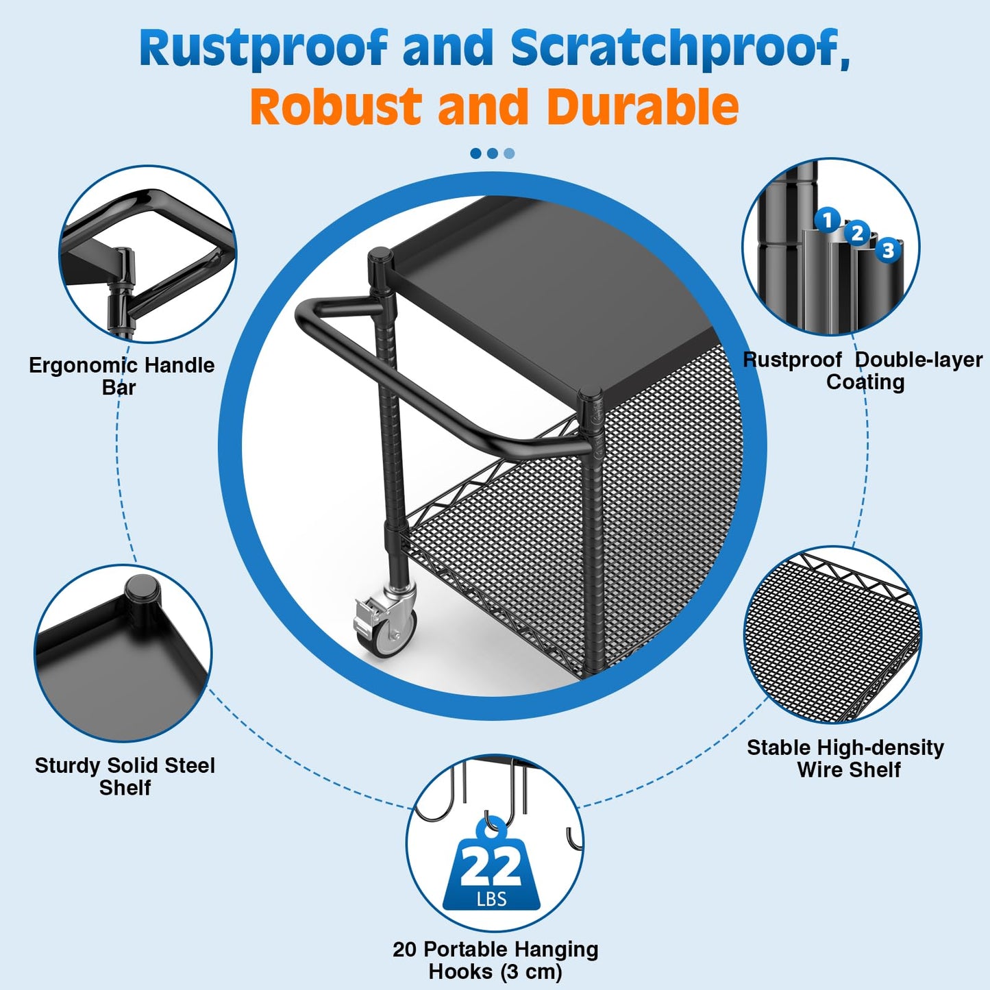 Leteuke 2 Tier Utility Tool Cart with Wheels, Heavy Duty Rolling Utility Carts with Handle, Commercial Grade Metal Serving Storage Cart for Warehouse Garage Kitchen, 25" D x 38.98" W x 40" H-Black